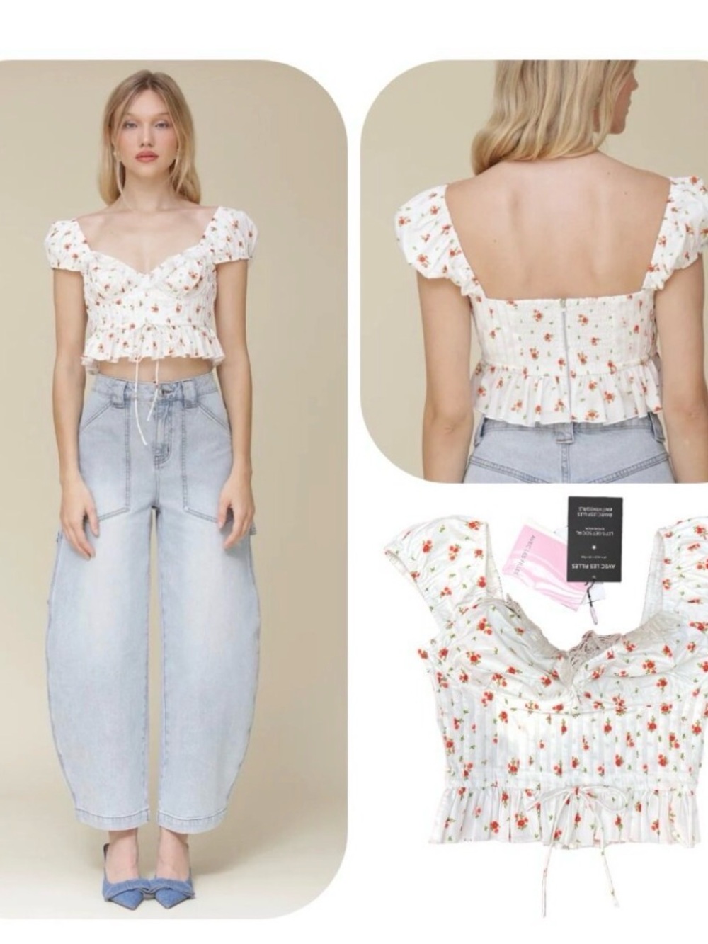 Avec Les Filles White Crop Top Bustier with Red Floral